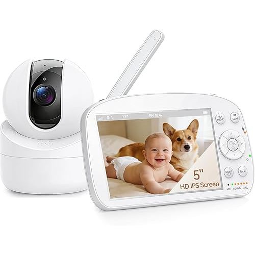 Baby Monitor with Camera and Audio, No WiFi, 5" HD IPS Screen & Remote Pan-Tilt-Zoom, HD Night Vision, 2-Way Talk, Cry Notifications, Temperature Sensor, 5 Lullabies, 1000ft Long Range