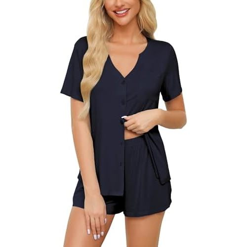 Anjue Pajamas for Women Soft Button Up Pajama Set Short Sleeve Shirt and Pajama Pants Lounge Sets S-XXL