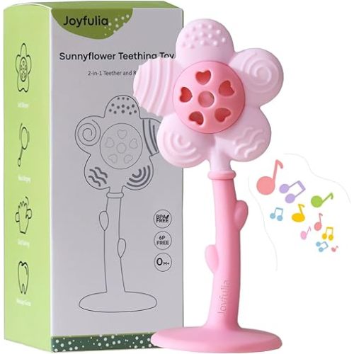 Baby Teething Toys 3-6 Months, Teether and Sensory Rattle for Babies 0-6 Months, Food Grade Silicone Teethers 6-12 Months, Infant Teething Relief Chew Toys, Sunnyflower Teether Toy BPA Free - Pink