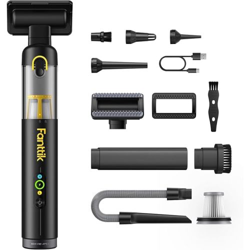 Fanttik Slim V10 APEX Cordless Car Vacuum, 4-in-1 Portable Mini Handheld Vac, 19kPa Suction Power, Upgraded Smart Digital Display, 2 Suction Modes for Small Jobs, Car, Office Desk, Keyboards (Black)