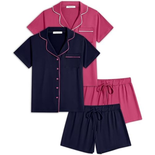 Ekouaer Womens Pajamas Set 2 Pack Button Down Summer Sleepwear Short Sleeve Comfy Pjs Loungewear Set