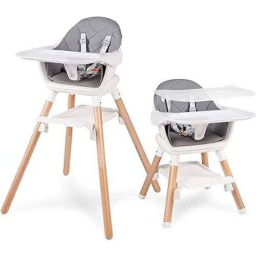 6 in 1 Baby High Chair, Convertible Wooden High Chairs/Booster Seat for Babies and Toddlers, Baby Feeding Chair with 5-Point Harness/Double Removable Tray & Adjustable Footrest (Grey)