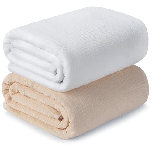 Muslin Swaddle Blankets for Newborn, 2 Pack Breathable Soft Receiving Blanket, Large 41 x 41 inches Swaddle Wrap Burping Clothes, Essentials Infant Shower Items. (Beige & White)
