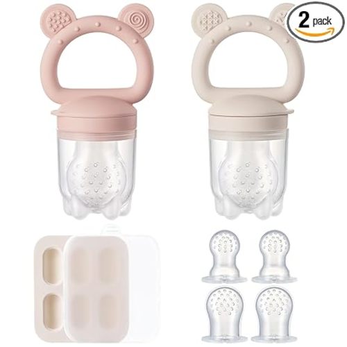 2 Pack Silicone Baby Fruit Feeder with Mini Freezer Tray, Breastmilk Popsicle Molds for Baby Teething Relief, Fresh Food Feeder for Safe Infant Self Feeding, Extra Food Pouches - Pink