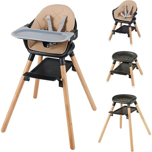 BABY JOY Baby High Chair, 6 in 1 Convertible Wooden High Chair for Babies & Toddlers with Adjustable Legs, Double Removable Tray, Safety Harness & Waterproof PU Cushion (Coffee)