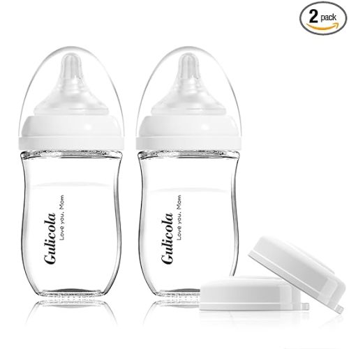 Gulicola Natural Glass Baby Bottle for Breastfeeding Babies, Newborn Anti-Colic Bottle Set with Slow Flow Nipple, 0-3 Months, 5 oz, 2 Pack - White