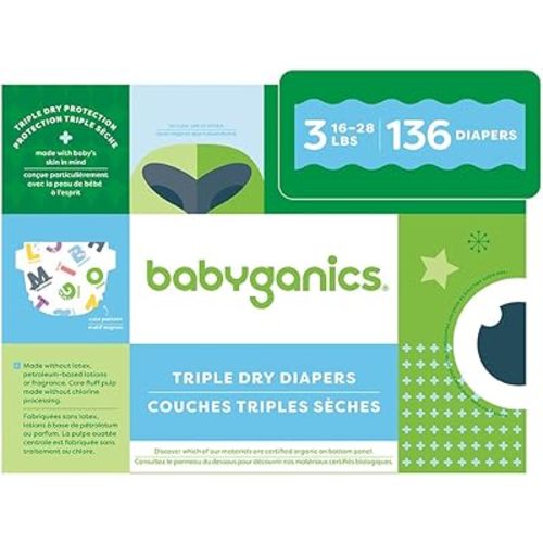 Babyganics Size 3, 136 count, Absorbent, Breathable, Triple Dry Protection Diapers