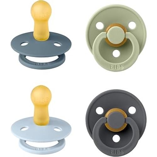 BIBS Pacifiers - Colour 4-Pack | BPA Free Baby Pacifier | Round Nipple Binkies | Natural Rubber Latex Soother | Made in Denmark | Size 6-18 Months | Baby Blue Mix