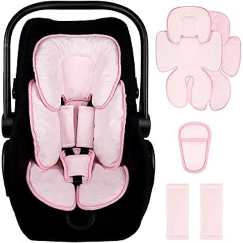 2 in 1 Infant Car Seat Insert Head and Body Support Set, Reversible Newborn Insert for Carseat with 3 Extra Strap Paddings, Soft Stroller Cushion Pillow Insert Girls, Fits for Stroller, Swing, Pink