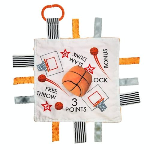 Baby Jack & Co 10x10” Basketball Sports Lovey Sensory Plush Blanket - Tag Toy for Developing Sense of Touch - Travel Stroller Toy w/BPA Free Clip - Learn Shapes, Letters & Colors - Sports Gift