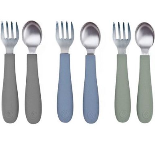 WeeSprout Toddler Utensils, 3 Forks & 3 Spoons, 18/8 Stainless Steel & Food Grade Silicone - Matte Dark Gray, Blue, Green
