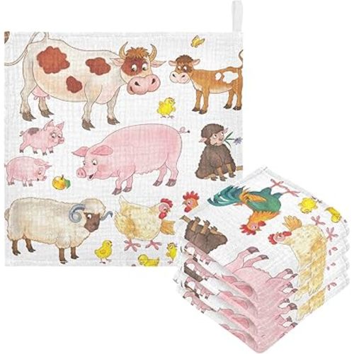 Cow Pig Sheep Chick Baby Muslin Washcloths Farmhouse Animals Burp Cloths Soft Absorbent Baby Wash Cloth Fingertip Face Towels for Newborn Boys Girls 12 x 12 in, 5 Pack