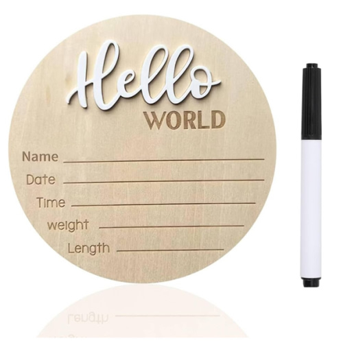 Baby Announcement Sign, ​5.9 Inch Wooden Hello World Newborn Signs, Birth Announcement Sign, Baby Shower Hospital Nursery for Newborn Boys and Girls (White,Pen)