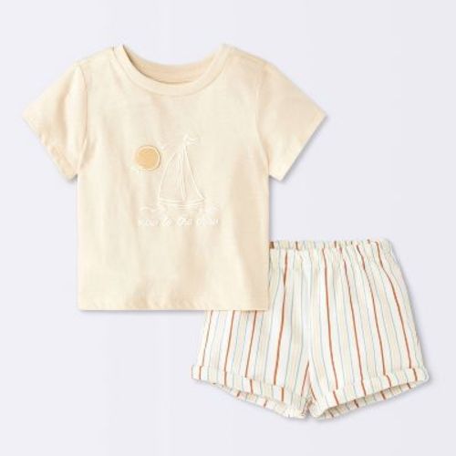 Baby Boys' 2pc Sailboat Graphic Short Sleeve T-Shirt and Shorts Set - Cloud Island™ Beige 0-3M