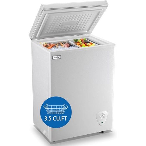 Chest Freezer 3.5 Cu.Ft Small Deep Freezer Top Door Mini Freezer with Removable Basket, Low Noise, 7 Adjustable Temperature and Energy Saving Perfect for Home Garage Basement Dorm or Apartment
