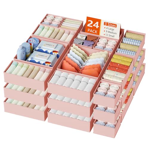 DIMJ Drawer Organizer Clothes, 24 Pack Dresser Organizer, Foldable Closet Organizers and Storage, Fabric Dresser Bins, Drawer Dividers for Nursery, Baby Clothes, Underwears, Sock (Pink)