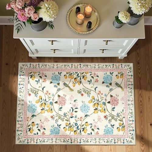 Bathroom Rug 2x3, Floral Washable Indoor Entryway Doormat Chinoiserie Throw Non Slip, Low Pile Small Botanical Soft Rugs Retro Carpet for Bedroom Bathroom Decor Beige/Pink