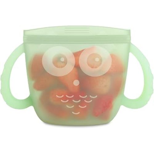 Haakaa Oscar Owl Baby Snack Container-Silicone Travel Snack Pouch for Toddlers,Spill Proof Toddler Snack Cup, Reusable Snack Bags for Infant On-The-Go,BPA Free- Pea Green