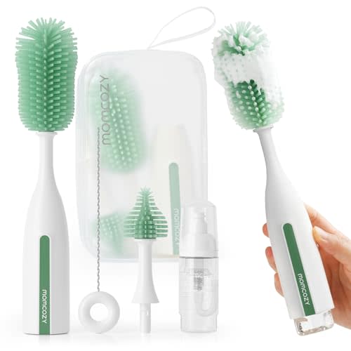 Momcozy Bottle Brush Kit Pro, Innovative Push-Press Deep Cleaning Baby Set | Clog-Free Brush, Longer Handle With Denser Bristles, Foam Dispenser, Scratch-Free, Fits Pumps & Nipples, BPA-Free