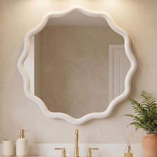 Vercraft 24" Scalloped Wood Wall Mirror, Boho Wall Decor, White