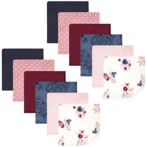 Hudson Baby Infant Girl Flannel Cotton Washcloths, Dusty Rose Floral 12 Pack, One Size