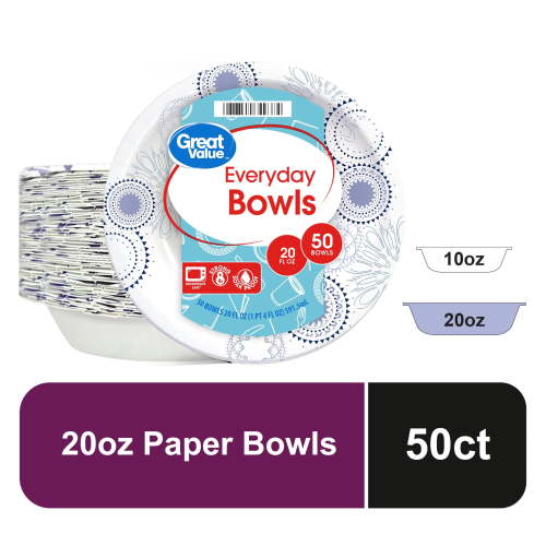 Great Value Disposable Paper Bowls 20 oz, 50 Count, Strong Leakproof, Microwave Safe