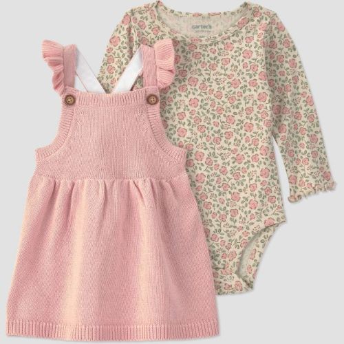 Carter's Just One You® Baby Girls' 2pc Long Sleeve Floral Bodysuit and Sweater Knit Ruffle Overalls Set - Pink 3M
