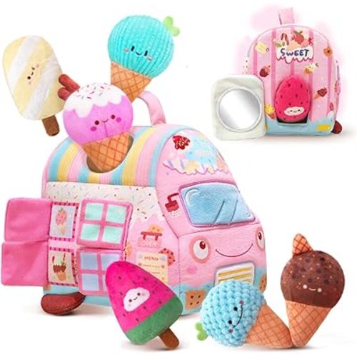 Baby Toys 6-12 Months, Ice Cream Car Gifts for Girls, Stuffed Ice Cream, Rattle, Crinkle, Mirror, Montessori Toys for 6 Month Old Sensory Toys 1-3 Plush Toy Gifts Baby Easter Basket Stuffers