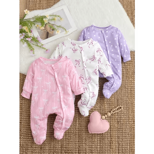 3pcs set girls bow print footed romper adorable footed - Temu