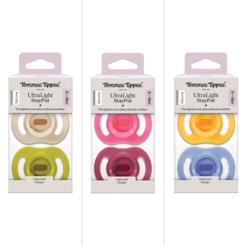 Tommee Tippee Ultra Light Stay Put Soother 6-18 Month, 2 Pack Dummies, Assorted Colours