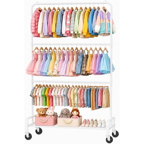 Heavy Duty Kids Clothing Rack: Rolling Large storage capacity kids Dress Up Storage Organizer - with 2/3 Adjustable Rod & Bottom Shelf - Baby clothes rack baby Closet for Nursery Bedroom (White)