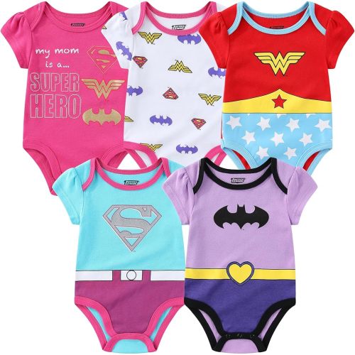 WARNER BROS DC Comics Girls Short Sleeve Bodysuit 5 Pack for Newborn and Infant