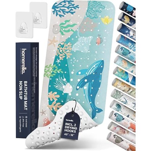 Bathtub Mat Non Slip Anti Mold for Kids 40x16 - homerella® Bath Mat for Tub, BPA Free, Incl. 2 Hooks, Washable Shower Mat Non Slip Anti Mold, Shower Mats for Inside Shower, EU Certified