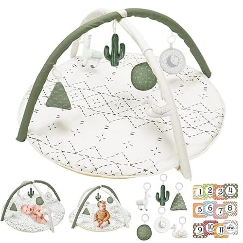 Little Dove Tummy Time Mat with 6 Toys, Macrame Baby Play Mat for Newborn, Baby Gym with 12 Milestone Cards, Stage-Based Sensory and Motor Skill Development Baby Play Gym, Non Slip Mat Washable, Green