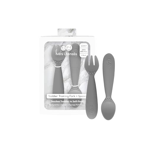 ezpz Mini Utensils - 12 Months+ (Fork & Spoon in Gray) - 100% BPA Free Fork and Spoon - Toddler Utensils - Designed by a Pediatric Feeding Specialist