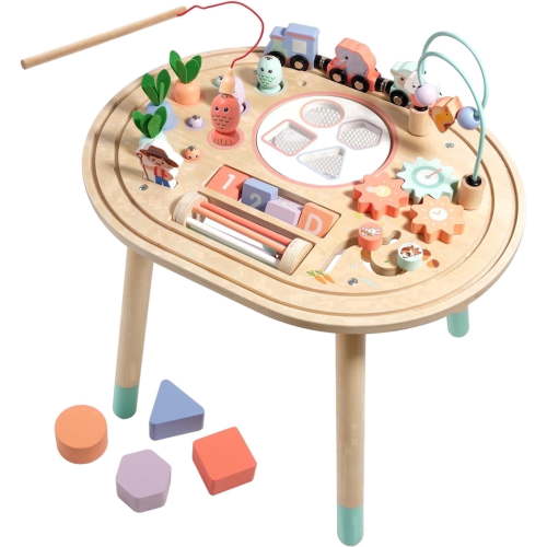Flynow Baby Busy Board Toys 10-in-1 Wooden Sensory Activity Table, Montessori Toddler Toy Shape Sorter, Fishing, Bead Maze & Train Track, Educational Learning Birthday Gift for 1+ Year Old Boys Girls