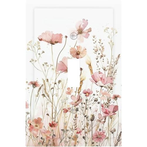 Boho Floral Watercolor Pink Wildflower Butterfly Decorative Light Switch Cover 1 Gang Single Toggle Device Electrical Faceplate Switchplates Decorator Outlet Wall Plate for Bedroom Living Room Decor