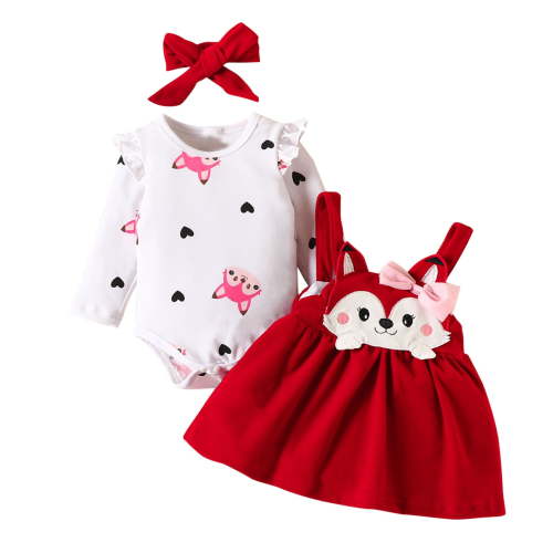 Zwiiyzr 0-18M Newborn Baby Girls Fall Winter Outfits Cute Ruffle Long Sleeve Ribbed Romper Top Bow Suspender Skirt with Headband Three Piece Baby Clothes Red