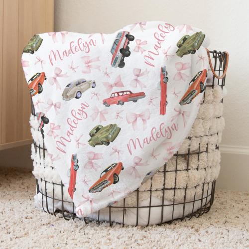 Custom Retro Cars Nursery Baby Name Blanket, Personalized Pink Bow Swaddle Baby Shower Gift, Cars New Mom Hospital Blanket, Newborn Gift