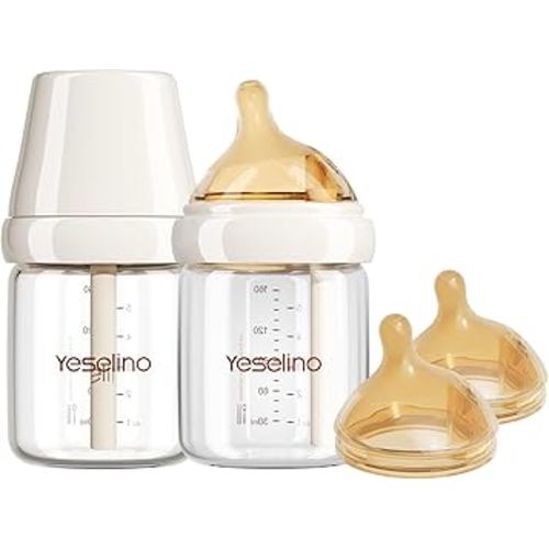 Natural Nursing Glass Baby Bottle - with Anti-Colic Vent System - BPA-Free, 5.4 oz/160ml with Medium Flow Nipple, 0-6 Months, 2 Pack (Includes 4pcs Nipples)