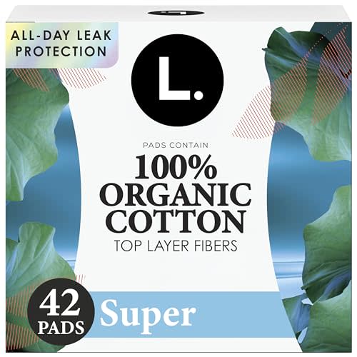 L. Ultra Thin Pads for Women, Organic Cotton Top Layer, Super Absorbency, Menstrual Pads with Wings, Made Without Synthetic Pesticides and Fragrances, 42 Count