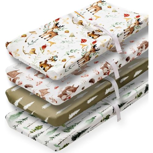 4 Pack Changing Pad Covers Woodland Forest Animals Wood Neutral Unisex Fitted Baby Changing Pad Cover Set for Baby Boys or Girls (Beer)