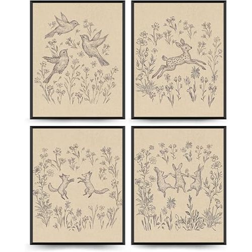Wheatwin Woodland Nursery Wall Decor Girl, Bunny Deer Fox Bird Poster Prints, Vintage Wildlife Wildflower Wall Decorations for Girls Room Nursery Bedroom Decor, 8x10 Unframed Set of 4