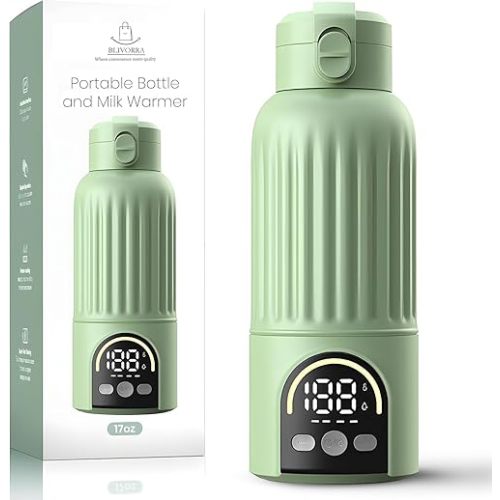 Portable Milk Warmer for Baby 17 Oz – 140W Fastest USB Heating | 316 Stainless Steel Portable Bottle Warmer for Formula & Breastmilk | Temp Display, Long Insulation for Travel (Green)