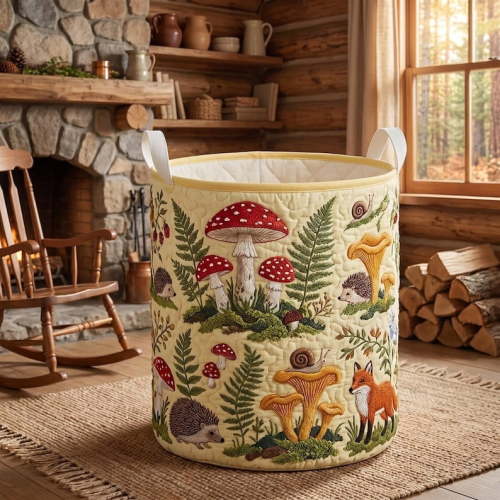 Quilted Mushroom Laundry Basket | Woodland Animal Storage Bin | Cottagecore Forest Hamper | Cute Hedgehog Nursery Toy Storage Bag