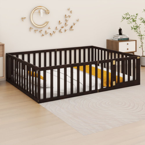 Winston Porter Wooden Floor Bed Frame With Fence and Door in Queen Size Walnut