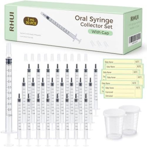 30 Set Colostrum Syringes Kit with Labels 1mL Colostrum Collector Freezer Safe Sterile Syringes with Cap, BPA-Free, Measuring Cup, Storage Bag