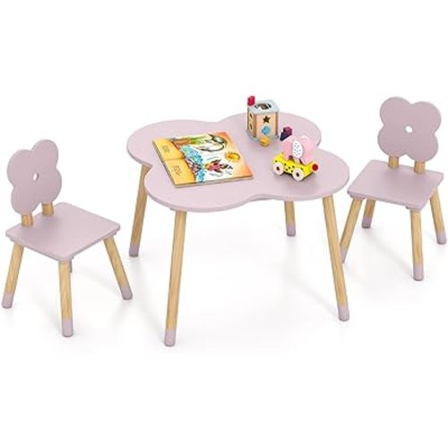Costzon Kids Table and Chairs, Wooden Toddler Flower Table Set (Pink)