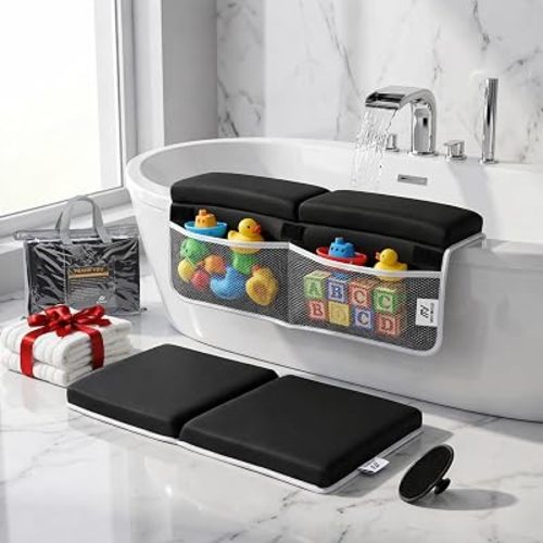 Comfortable Baby Bath Kneeler and Elbow Rest Pad Set — Kneeling Pad for Bathing Baby, Relieves Knee and Elbow Pain, Non-Slip Bathtub Kneeling Pad with Toy Organizer, Bonus Brush and Washcloth
