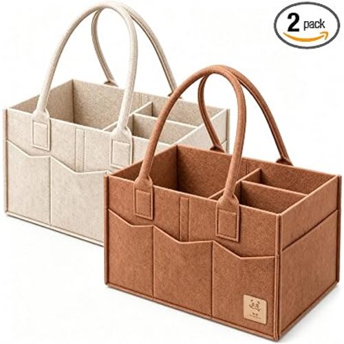 HIPHOP PANDA 2-Pack Diaper Caddy Organizer - Nursery Storage Bin & Car Organizer for Diapers, Wipes, and Baby Essentials - Dual-Color Solid Set (Caramel/Oatmeal), Regular Size